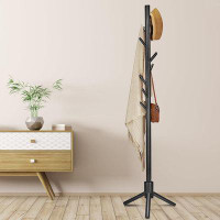 Ebern Designs Wooden Coat Rack Stand, Free Standing Coat Rack With 8 Hooks 3 Adjustable Heights For Clothes, Hats, Handb