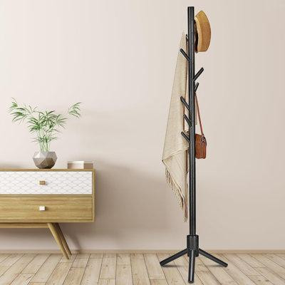 Ebern Designs Wooden Coat Rack Stand, Free Standing Coat Rack With 8 Hooks 3 Adjustable Heights For Clothes, Hats, Handb in Other