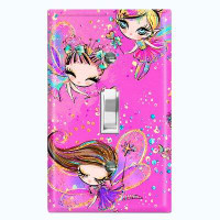 WorldAcc Metal Light Switch Plate Outlet Cover (Four Fairy Princesses Pink Star  - Single Toggle)