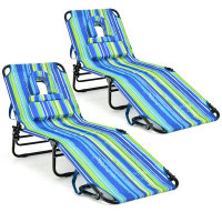 Highland Dunes Highland Dunes 2pcs 5-position Lounge Chair Adjustable Beach Chaise W/ Face Cavity & Pillows Blue & Green