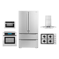 Cosmo 5 Piece Kitchen Package With 30" Gas Cooktop 30" Wall Mount Range Hood 24" Single Electric Wall Oven 24" Built-in