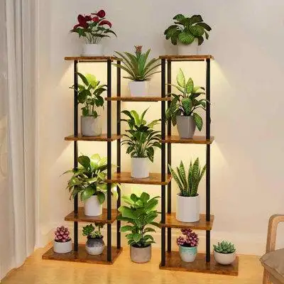 Arlmont & Co. Plant Stand Indoor with Grow Lights, 6 Tiered Metal Plant Shelf, Corner Plant Display Rack