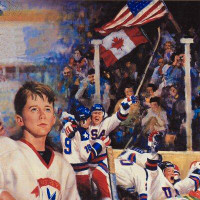 Buy Art For Less « dreaming to be a hockey player », reproduction de peinture à l’huile sur toile tendue