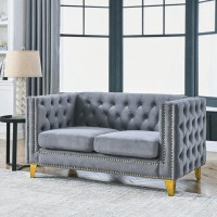 House of Hampton Velvet Sofa For Living Room,Buttons Tufted Square Arm Couch, Modern Couch Upholstered Button And Metal