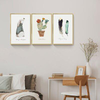 Red Barrel Studio Rabbit, Plant And Feathers Wall Art - 3 Piece Picture Aluminum Frame Print Set On Canvas, Wall Decor F