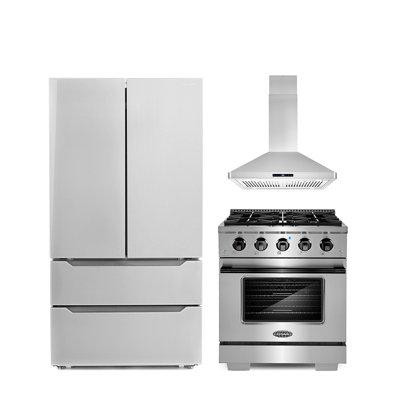 Cosmo 3 Piece Kitchen Package With 30" Freestanding Gas Range With Custom Handle And Knob Kit 30" Island Range Hood 36"  in Refrigerators