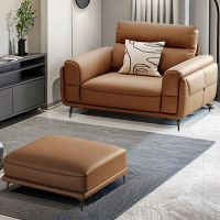 ULTORU 47.24" Brown Genuine Leather cushion Arm Chair with Ottoman