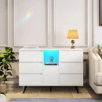 Ebern Designs Living Room Sideboard Storage Cabinet White High Gloss With LED Light