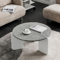 MABOLUS 29.53" Grey Terrazzo+Black Solid Wood Round Coffee Table