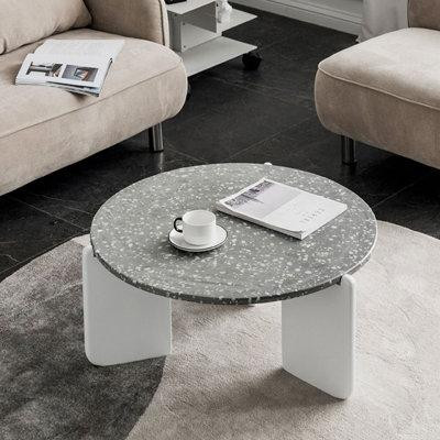 MABOLUS 29.53" Grey Terrazzo+Black Solid Wood Round Coffee Table in Coffee Tables