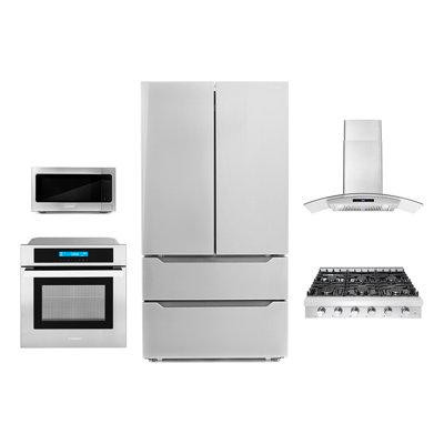 Cosmo 5 Piece Kitchen Package With 30" Slide-in Gas Cooktop 30" Single Electric Wall Oven 24.4" Built-in Microwave Energ in Refrigerators
