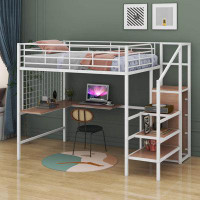 Mason & Marbles Full Size Metal Loft Bed with Desk, Metal Grid Lateral, Storage Ladder and Wardrobe