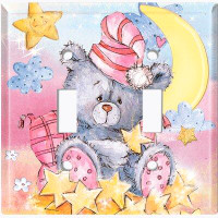 WorldAcc Metal Light Switch Plate Outlet Cover (Sleepy Teddy Bear Moon Colourful - Double Toggle)