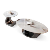 MABOLUS PictureColor Oval Marble+DarkGray Stainless Steel Coffee Table Sets