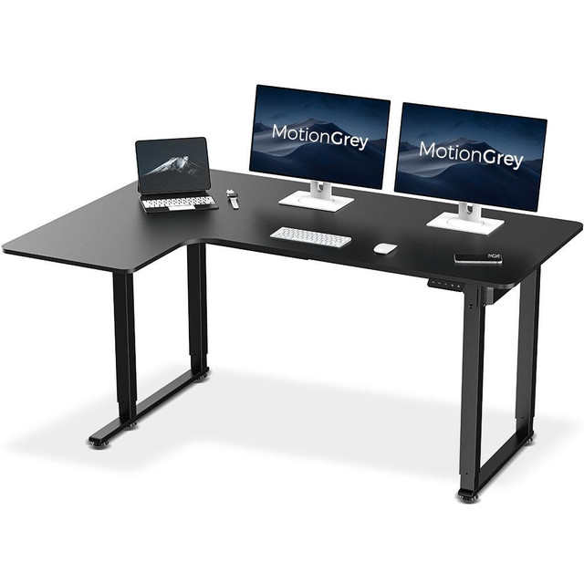 MotionGrey - Electric Height Adjustable Sit to Stand L Shape Desk - White (63 Inch Table Top) in Desks