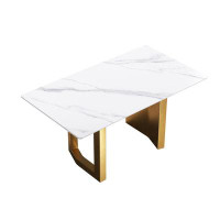 Everly Quinn 63"modern Artificial Stone White Straight Edge Golden Metal Leg Dining Table -6 People