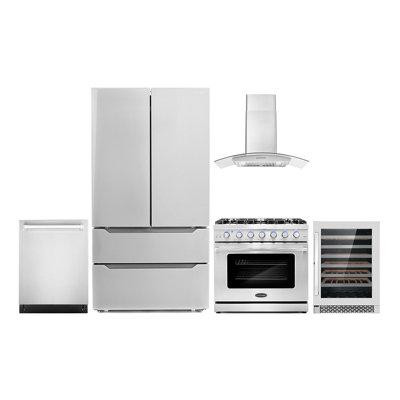 Cosmo 5 Piece Kitchen Package with 36" Freestanding Gas Range  36" Wall Mount 24" Built-in Fully Integrated Dishwasher E in Refrigerators