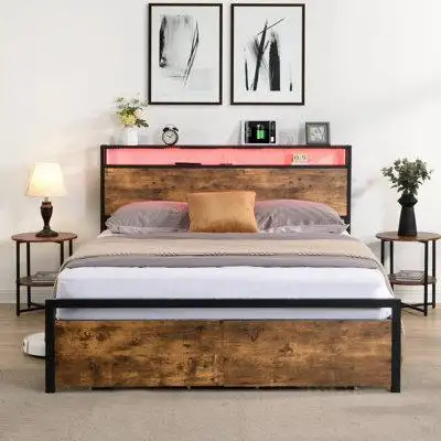 17 Stories Full Size Bed Frame With Storage Headboard And 2 Drawers, LED Lights Bed With Charging Station, Metal Platfor