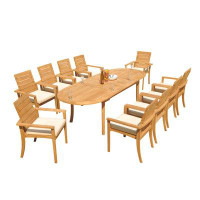 Teak Smith Grade-A Teak Dining Set: 94" Double Extension Oval Table And 10 Algrave Stacking Arm Chairs