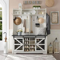 T4TREAM T4TREAM Farmhouse Entryway 58" Wide Hall Tree With 20 Shoe Cubbies & 12 Coat Hooks, Shoe Storage Bench, White