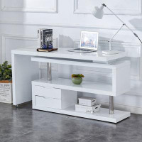 Latitude Run® Multipurpose White Office Table,Minimalist Design With Bookshelf, Computer Desk, And Writing Corner