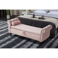 House of Hampton Bench with 1 Pillow, Velvet Multifunctional Storage Bench Rectangular Sofa Stool
