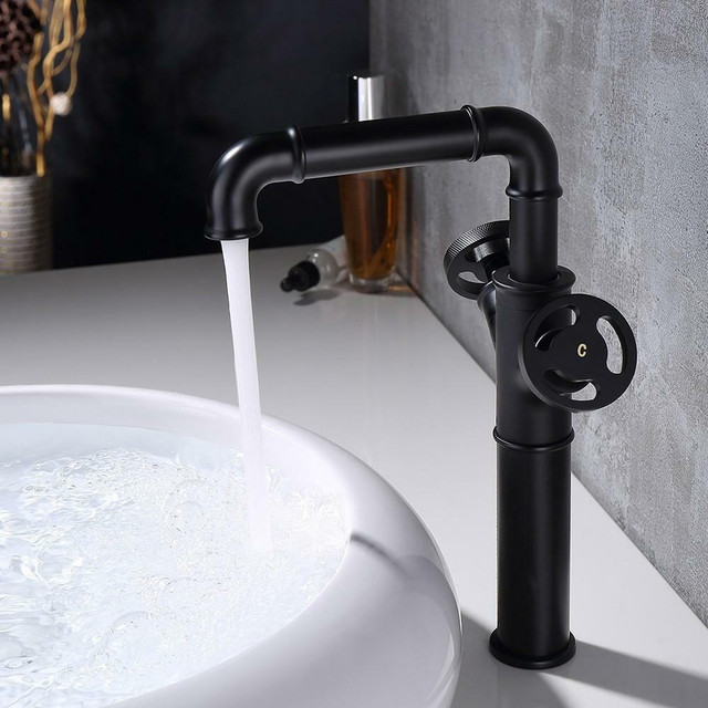 Industrial Pipe Bathroom Vessel Faucet Matte Black 1-Hole 2-Handle (Solid Brass) ( Also  1&2 Handle sink, Floor mounted) in Plumbing, Sinks, Toilets & Showers - Image 2