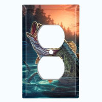 WorldAcc Metal Light Switch Plate Outlet Cover (Fishing Sea Bass River Sunset Man Cave - Single Duplex)