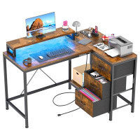 Winston Porter L Shaped Desk With Power Outlets & Led Lights, Computer Desk With Drawers & Shelves, Corner Desk Gaming D