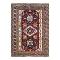Isabelline Varik Tribal One-of-a-Kind Hand-Knotted Ivory/Blue/Red Area Rug 6'10" x 9'8"