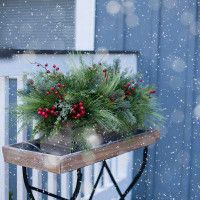 DarbyCreekTrading Large Assorted Holiday Greenery & Lush Red Berry Winter Arrangement In Natural Wooden Box Planter
