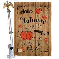 Breeze Decor Hello Autumn Time For Pumpkin - Impressions Decorative Aluminum Pole & Bracket House Flag Set HS113064-BO-0