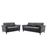 Red Barrel Studio Sen 2 Piece Sofa And Loveseat Set, Tufted Arms, Grey Linen, Solid Wood