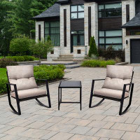 Latitude Run® 3-piece Outdoor Bistro Set Wicker Rocking Chair Patio Furniture Grey Cusion Glass Coffee Table For Garden