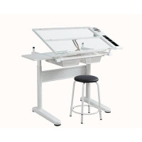 Wenty Hand Crank Adjustable Drafting Table Drawing Desk With 2 Metal Drawers (White)WITH STOOL