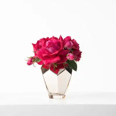 DarbyCreekTrading Precious Gem - Real Touch Magenta Pink Juliette Rose In Gold Mirrored Vase