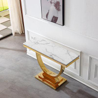 Everly Quinn Modern Rectangular White Marble Printing Console Table, U-Shape Stainless Steel Base With Gold Mirrored Fin
