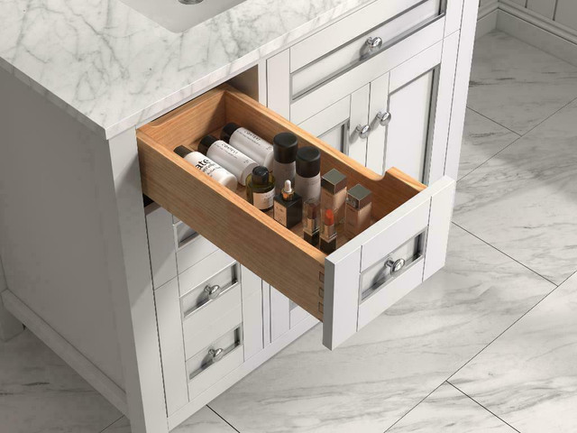 36, 48, 60 & 72 White with Chrome Accents Bathroom Vanity w Carrara White Marble ( Dovetail Drawer ) in Cabinets & Countertops - Image 4