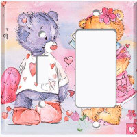 WorldAcc Metal Light Switch Plate Outlet Cover (Two Teddy Bears Love Heart Pink - (L) Single Toggle / (R) Single Rocker)