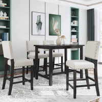 Red Barrel Studio 5 Piece Rustic Wooden Counter Height Dining Table Set With 4 Upholstered Chairs For Small Places, Espr