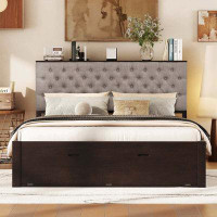 Red Barrel Studio Wood Queen Size Platform Bed with Storage Headboard, shoe rack and 4 drawers
