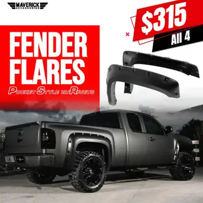 BRAND NEW Only $315 All 4!! Maverick FENDER FLARES !!! Billet/ Rivet Style Fender Flares Smooth Blac...
