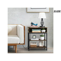 SR-HOME End Table With Charging Station,3-Tier Retro Side Table Rustic Narrow Sofa Side Table With Storage Shelf