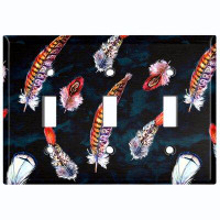 WorldAcc Metal Light Switch Plate Outlet Cover (Dream Feathers Black  - Triple Toggle)