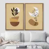 IDEA4WALL Mid Centuryest Plants Sun Crescent Moon Abstract Shapes Modern Nordic Colourful Framed On Canvas 2 Pieces Prin
