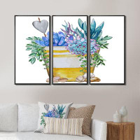 Dakota Fields Blue Succulent Plant Composition - Bohemian & Eclectic Framed Canvas Wall Art Set Of 3