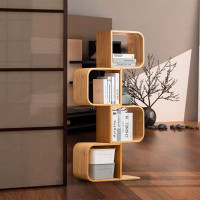 Latitude Run® 4-Tier S-Shaped Geometric Modern Bamboo Bookshelf, Large Capacity Creative Display Curved Rack Free-Standi