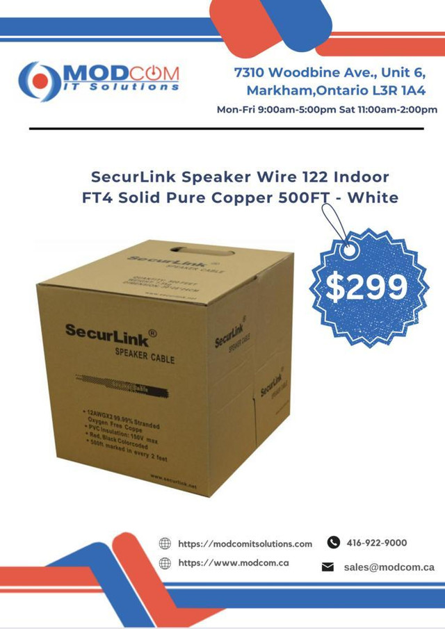 SecurLink Speaker Wire 122 Indoor FT4 Solid Pure Copper 500FT White Bulk Speaker Cable For SALE!!! in Cables & Connectors