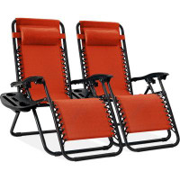 Arlmont & Co. Set Of 2 Adjustable Steel Mesh Zero Gravity Lounge Chair Recliners W/Pillows And Cup Holder Trays, Black