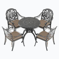 Astoria Grand 31.50-Inch Cast  Aluminum Patio Dining Table With Black Frame And Umbrella Hole